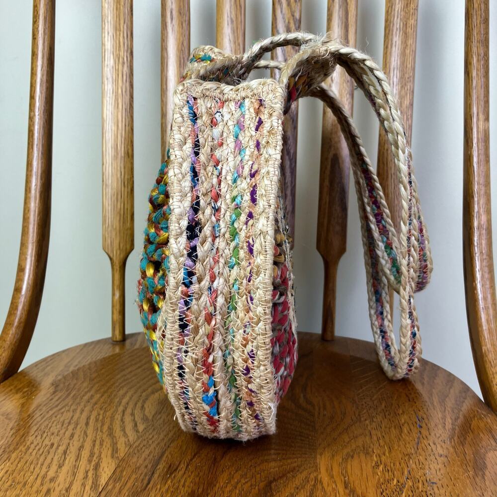 Boho Colorful Recycled Woven Jute Bag Circle Shaped Shoulder Tote Beach Bag - Picture 7 of 16